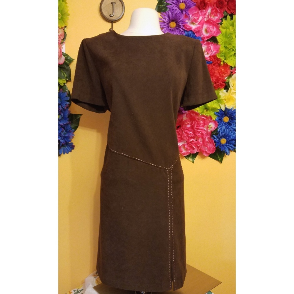 R&K Originals Brown Contrast Stitch Midi Dress Vintage 90s Corporate Office 12P
